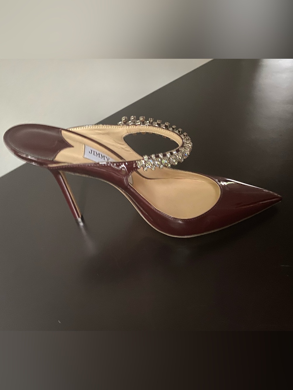 Jimmy Choo Bordeaux (Burgundy) Patent Crystal-Embellished Bing Heels - Picture 4 of 10